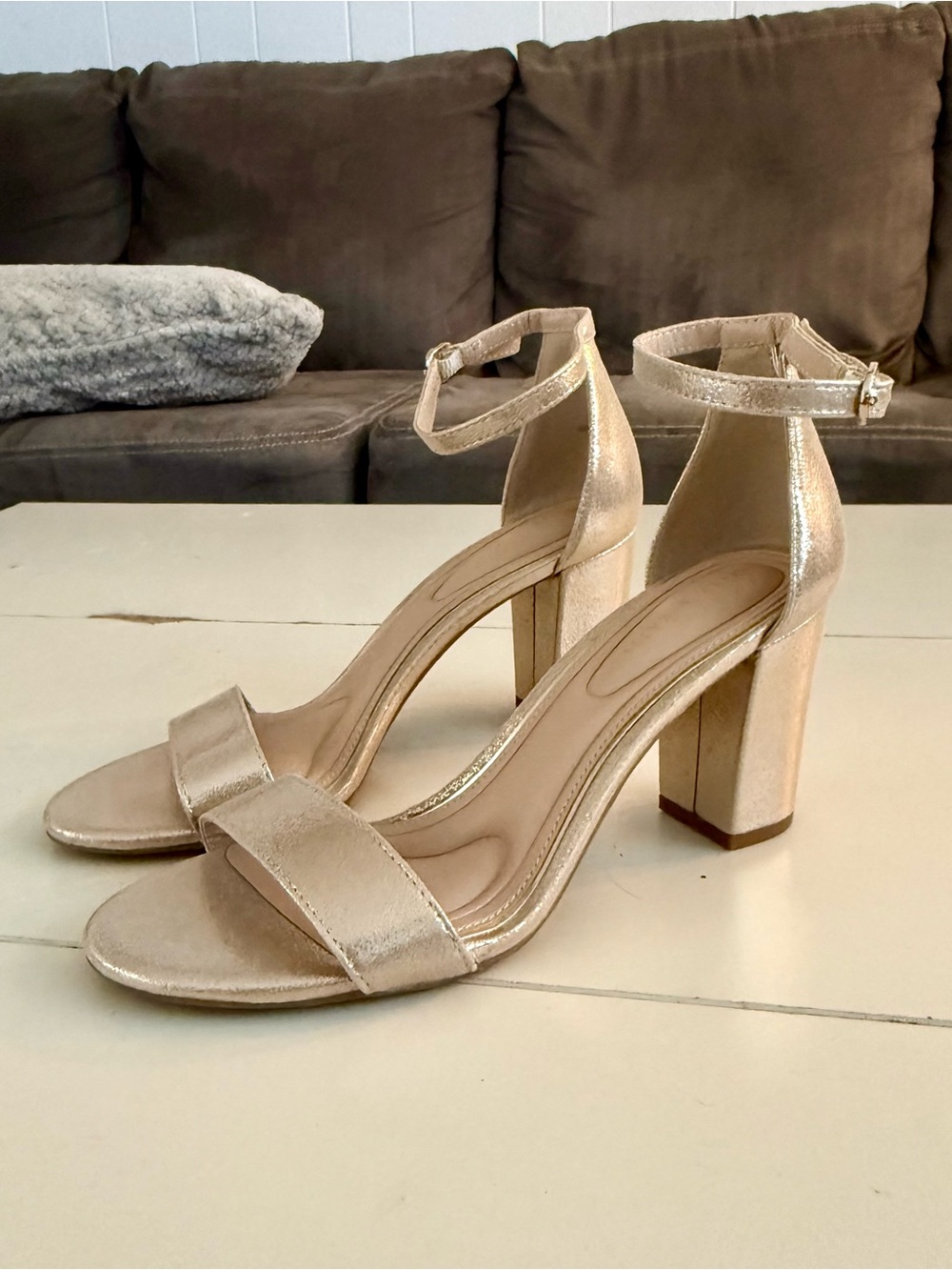 Kelly & Katie Hailee Gold Shimmer Champagne Block Heel Sandals Heels Wedding